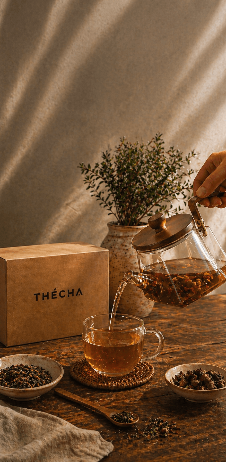 infusion bien-être thécha versée dans une tasse,mélange de plantes visibles,ambiance naturelle
