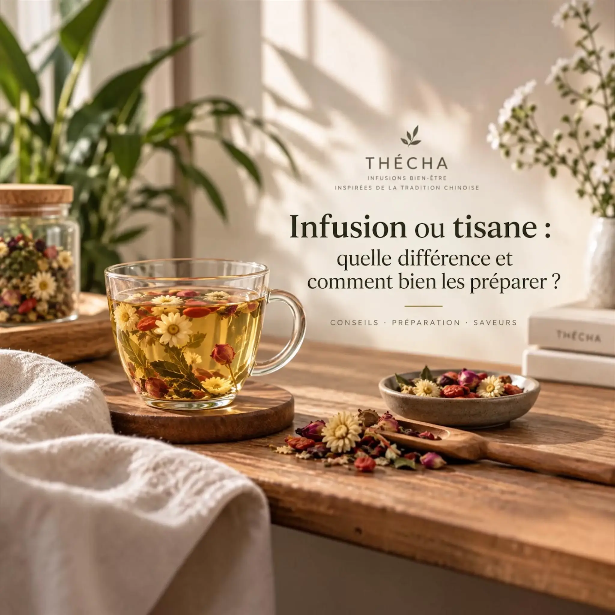 Infusion bien-être aux plantes dans une tasse en verre – infusion ou tisane, conseils de préparation THÉCHA