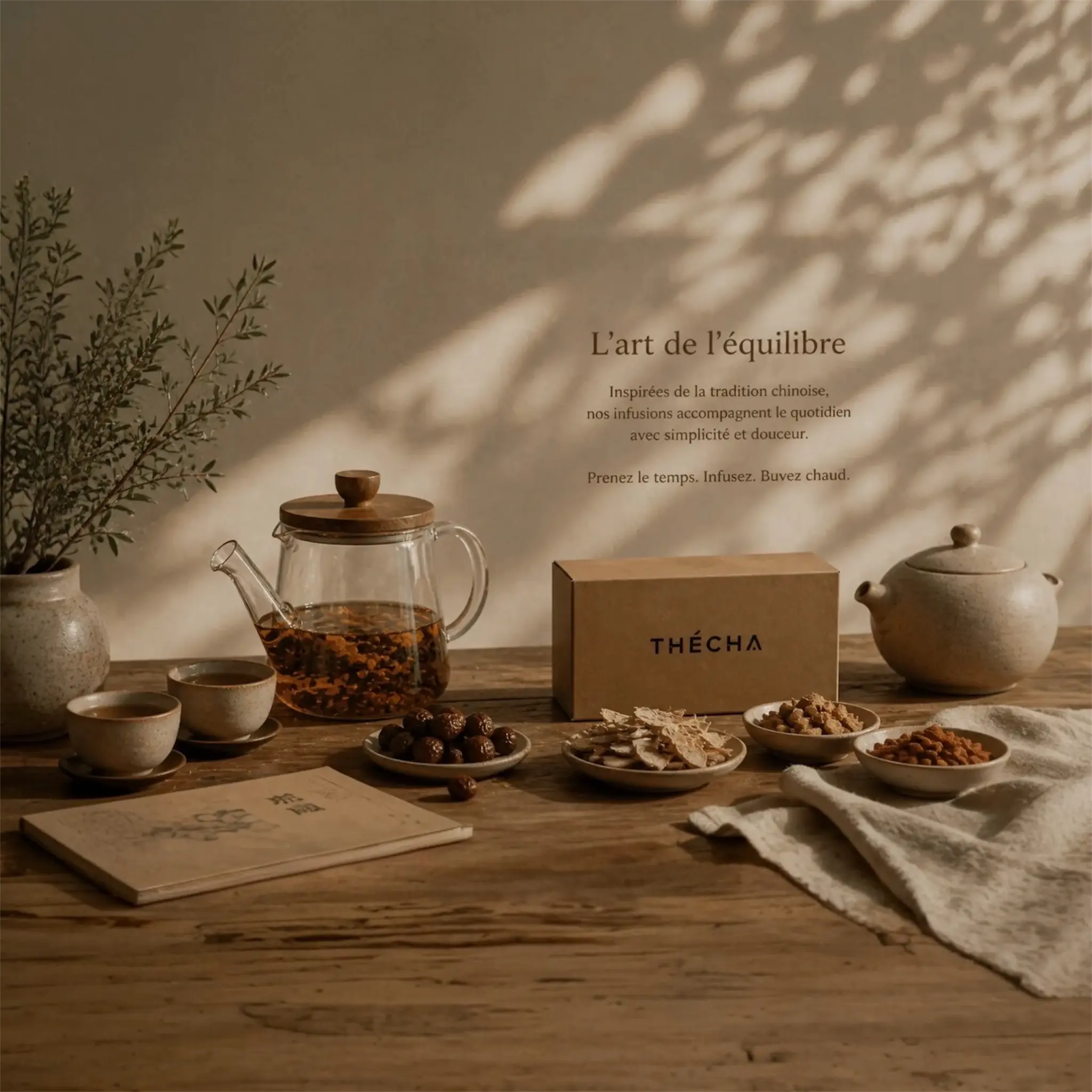 L'art de l'équilibre THÉCHA — collection d'infusions bien-être inspirées de la tradition chinoise, présentées avec une théière et des ingrédients naturels sur fond naturel et chaleureux