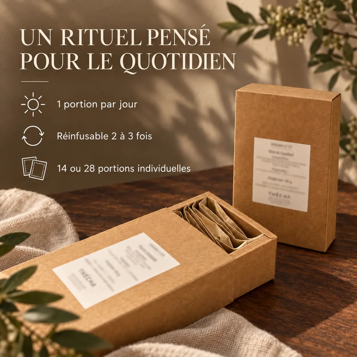 Infusion Transition féminine N°8 Thécha en portions individuelles : une portion par jour, réinfusable deux à trois fois, disponible en cures de 14 ou 28 jours.