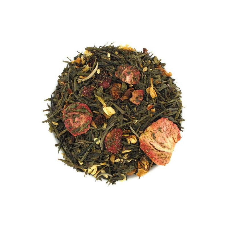 Mélange de thé vert et thé blanc avec fleurs de jasmin, fraises, camomille romaine, florale et fruitée