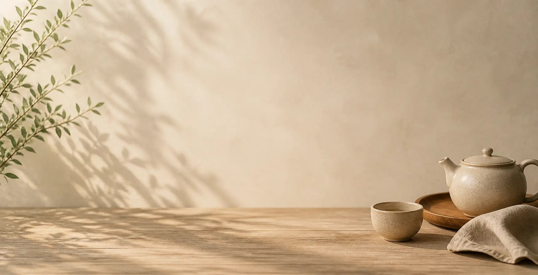 Ambiance zen avec théière en céramique et branche végétale, image de fond de la section newsletter THÉCHA

