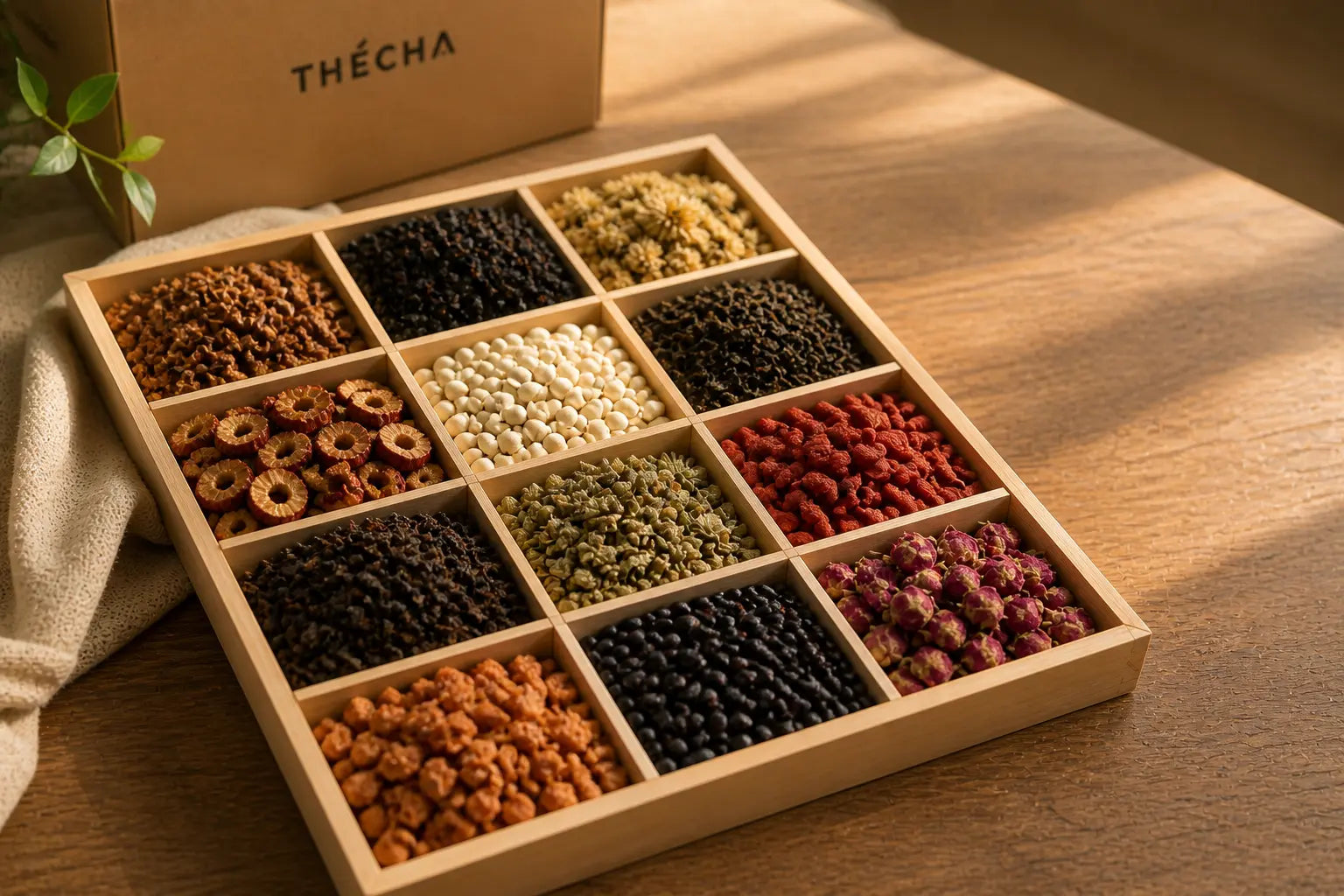 Plateau en bois THÉCHA avec douze ingrédients naturels issus de la tradition chinoise : jujube, goji, boutons de rose, sésame noir, haricots blancs, mûrier et autres plantes, avec le packaging kraft en arrière-plan