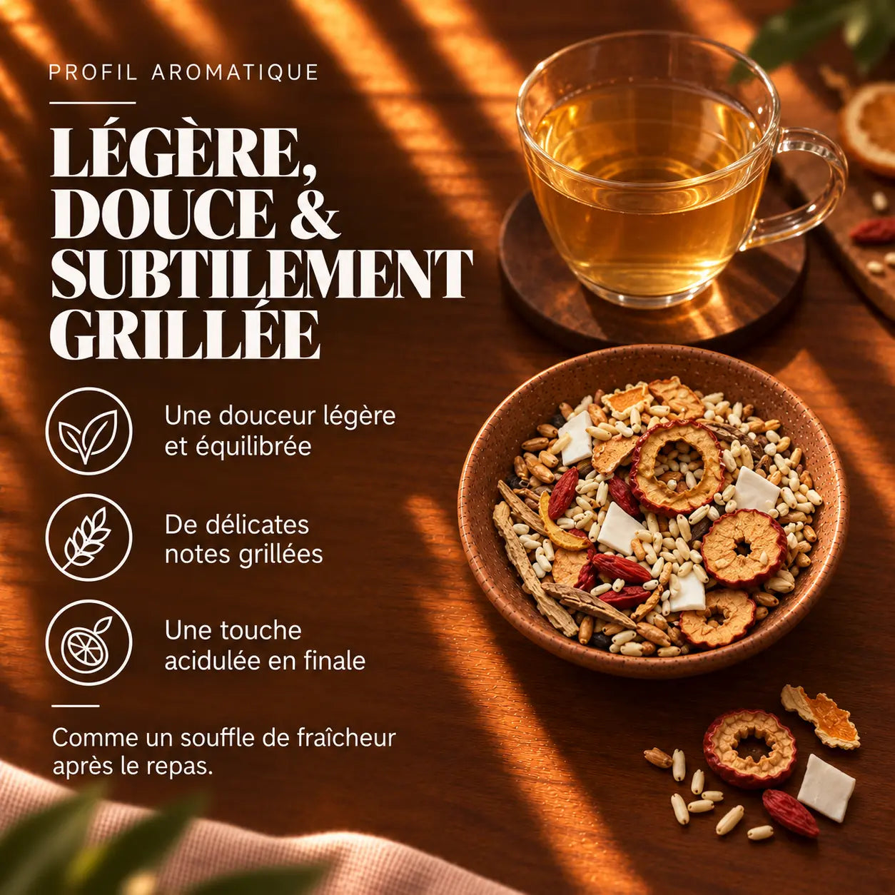 
Profil aromatique et goût de l’infusion Digestion Confort N°10 Thécha.