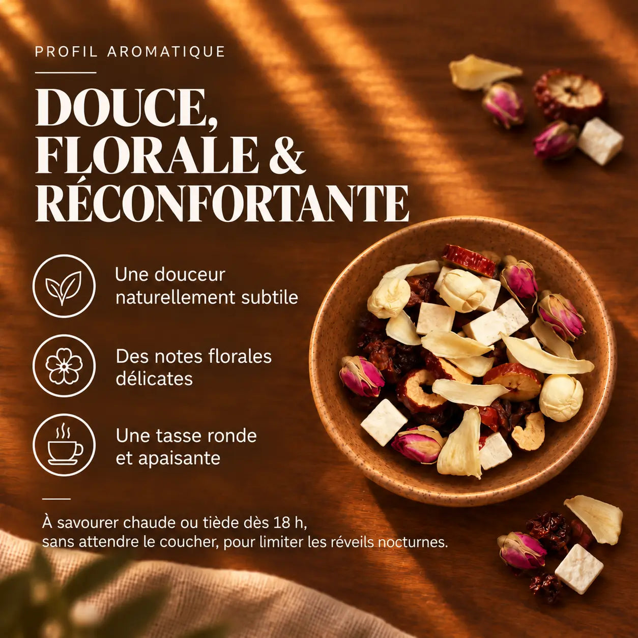 Infusion Sommeil apaisante N°24 Thécha au goût doux et réconfortant, avec des notes florales délicates et une tasse ronde et apaisante.