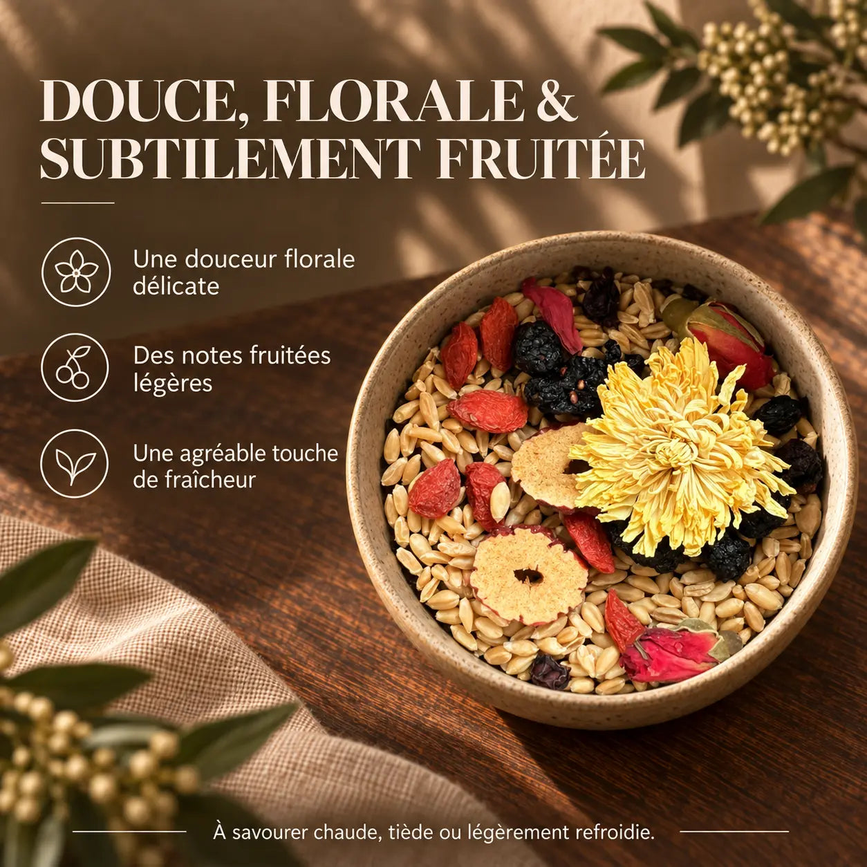 Infusion Transition féminine N°8 Thécha au goût doux et floral, avec des notes fruitées légères et une agréable touche de fraîcheur