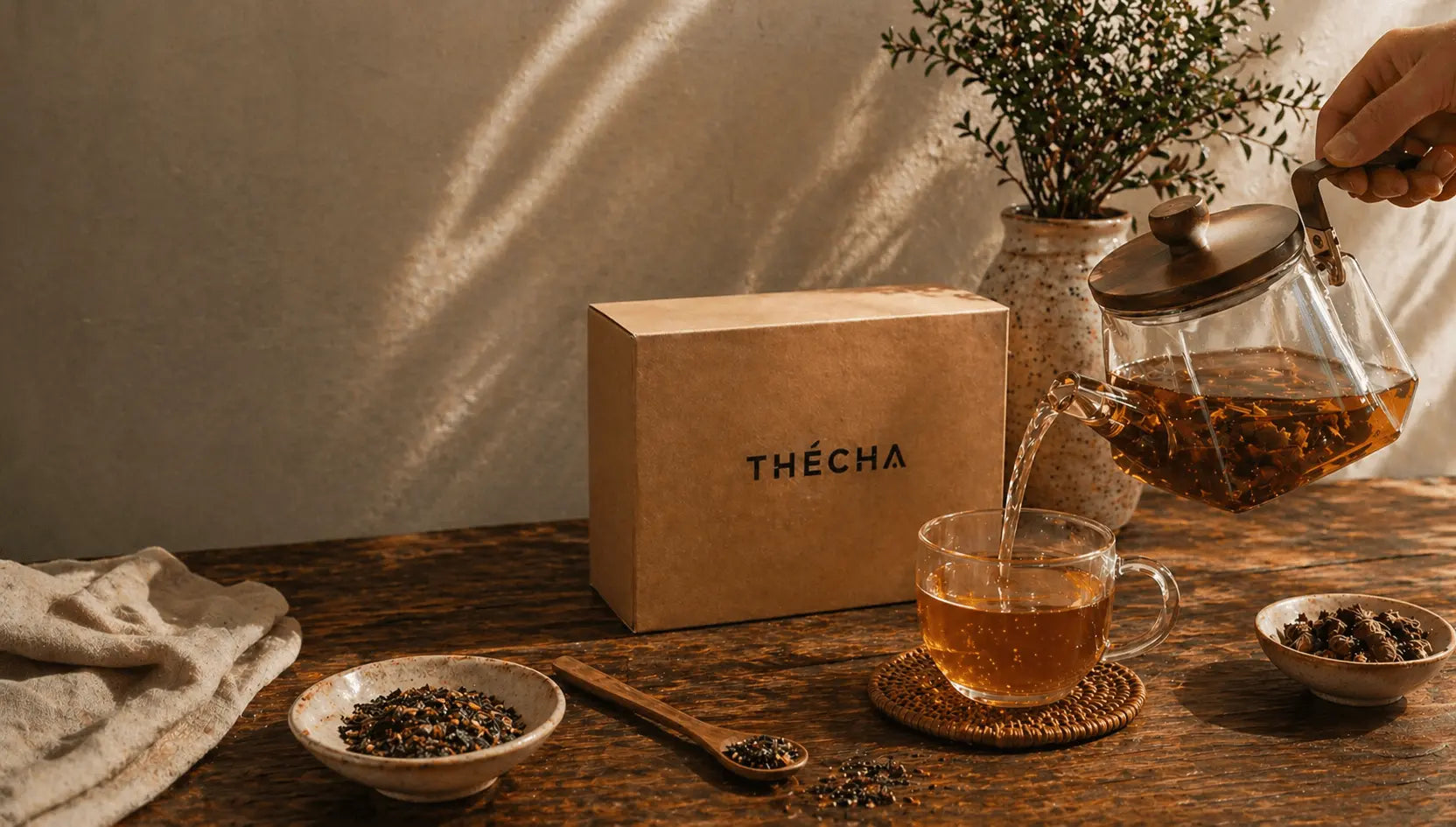 Rituel d'infusion bien-être THÉCHA – théière et tasse dorée

