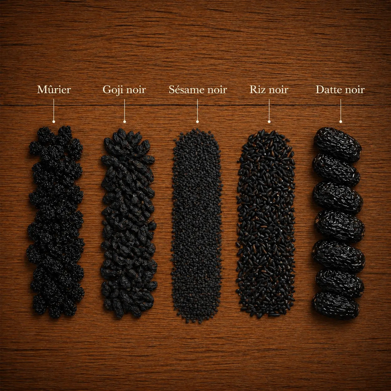 Cinq ingrédients de l'infusion cheveux N°12 THÉCHA : mûrier, goji noir, sésame noir, riz noir et datte noire, disposés sur un fond en bois naturel