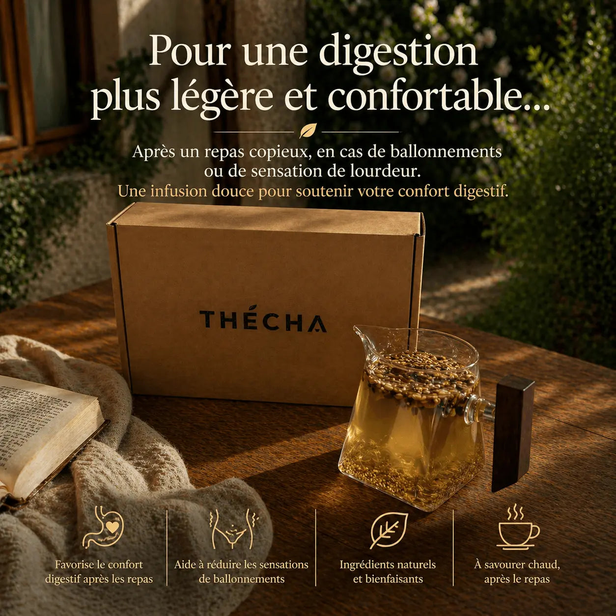 Infusion digestion N°10 THÉCHA dans une théière en verre sur fond chaud et naturel, accompagnée de son packaging kraft, pour une digestion légère et confortable après les repas