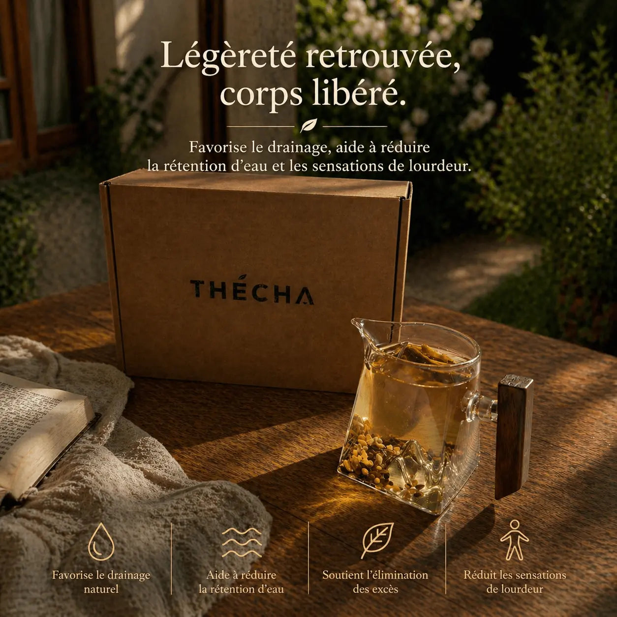 Infusion drainage N°9 THÉCHA dans une théière en verre sur fond chaud et naturel, accompagnée de son packaging kraft, pour favoriser le drainage et réduire la rétention d'eau