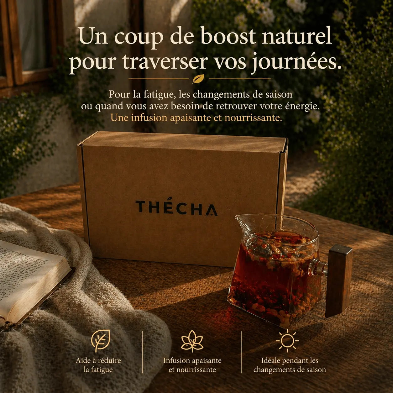 Infusion énergie N°14 THÉCHA dans une théière en verre sur fond chaud et naturel, accompagnée de son packaging kraft, pour retrouver de l'énergie et traverser les journées avec vitalité