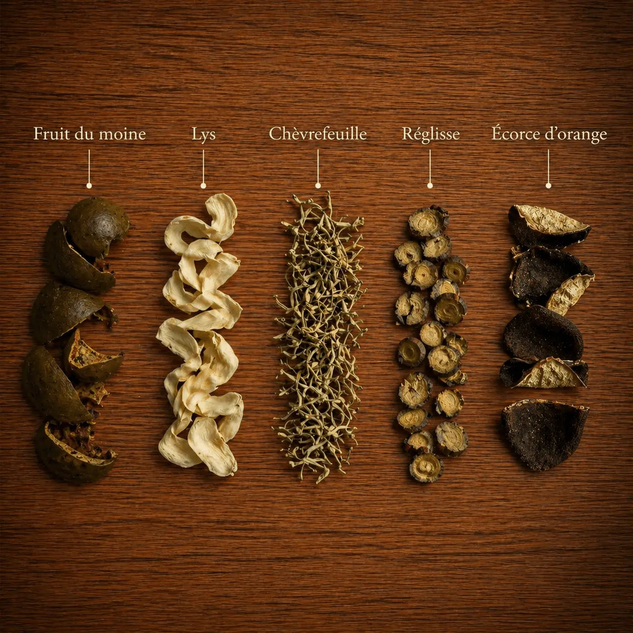 Cinq ingrédients de l'infusion gorge N°21 THÉCHA : fruit du moine, lys, chèvrefeuille, réglisse et écorce d'orange, disposés sur un fond en bois naturel
