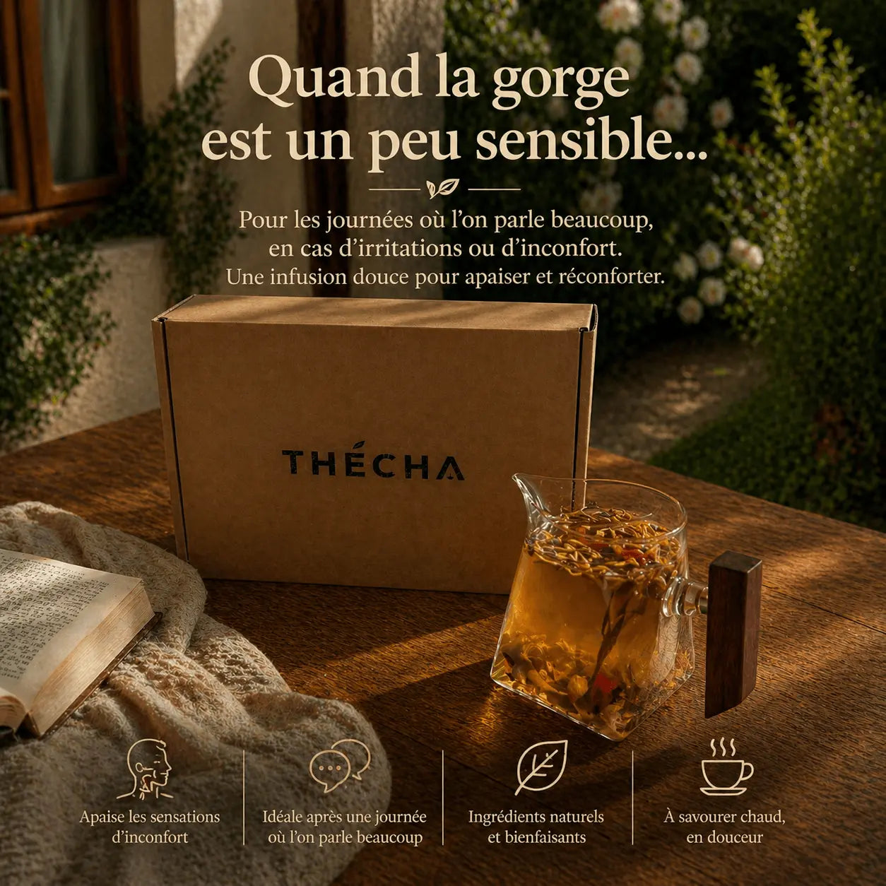 Infusion gorge N°21 THÉCHA dans une théière en verre sur fond chaud et naturel, accompagnée de son packaging kraft, pour apaiser les irritations et réconforter la gorge sensible
