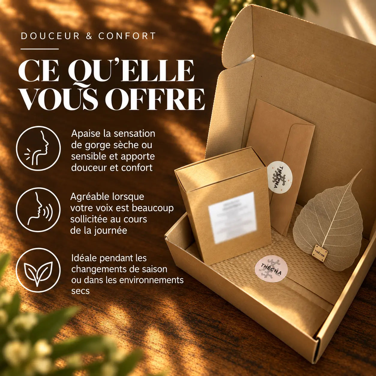 Coffret de l’infusion Gorge & Voix THÉCHA N°21, présenté avec ses portions individuelles et ses conseils d’utilisation.