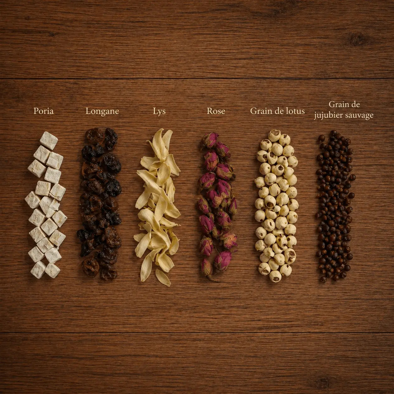 Ingrédients infusion sommeil apaisante N°24 THÉCHA – poria, longane, lys, rose, grain de lotus et jujubier sauvage