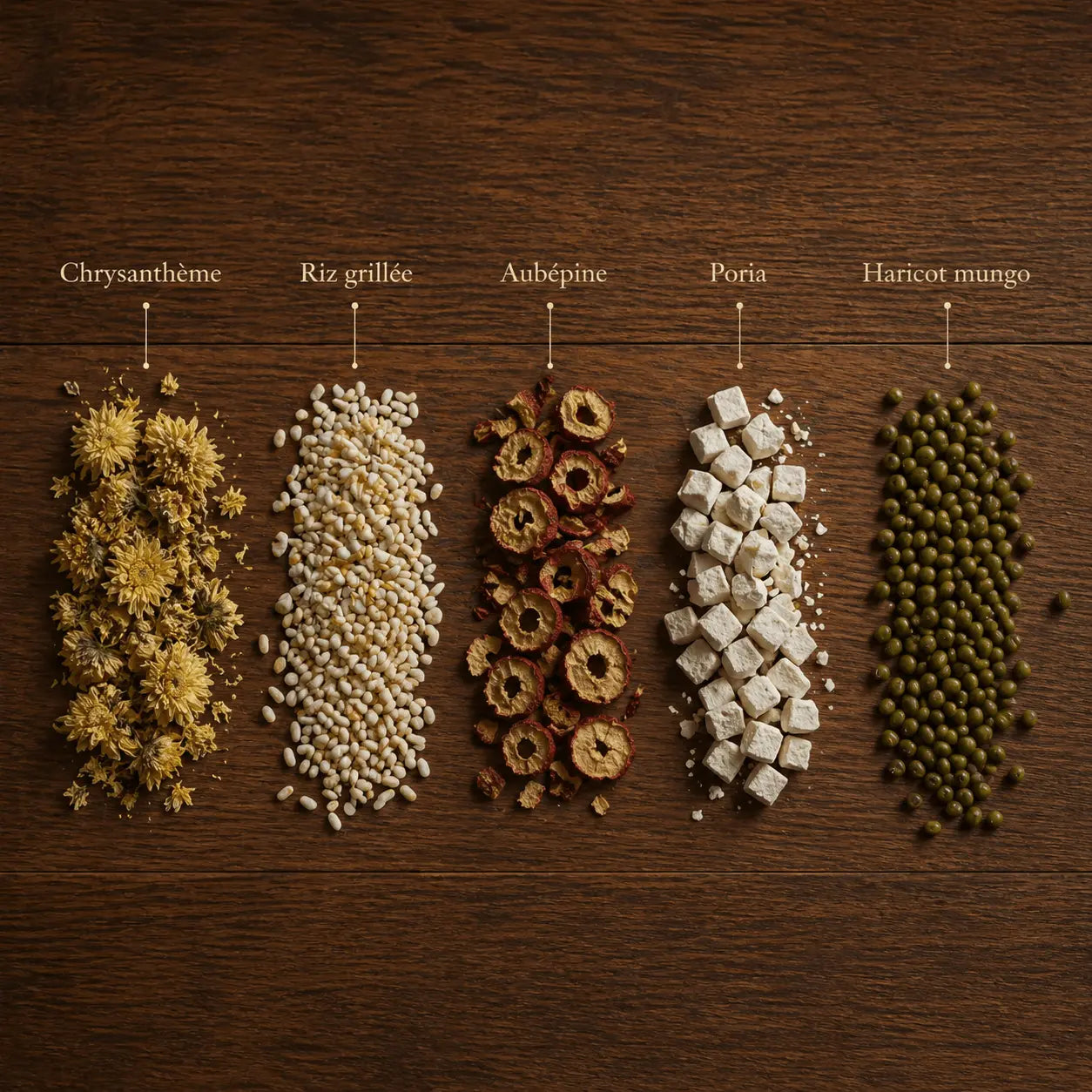 Ingrédients infusion transition féminine N°8 THÉCHA – chrysanthème, riz grillé, aubépine, poria et haricot mungo
