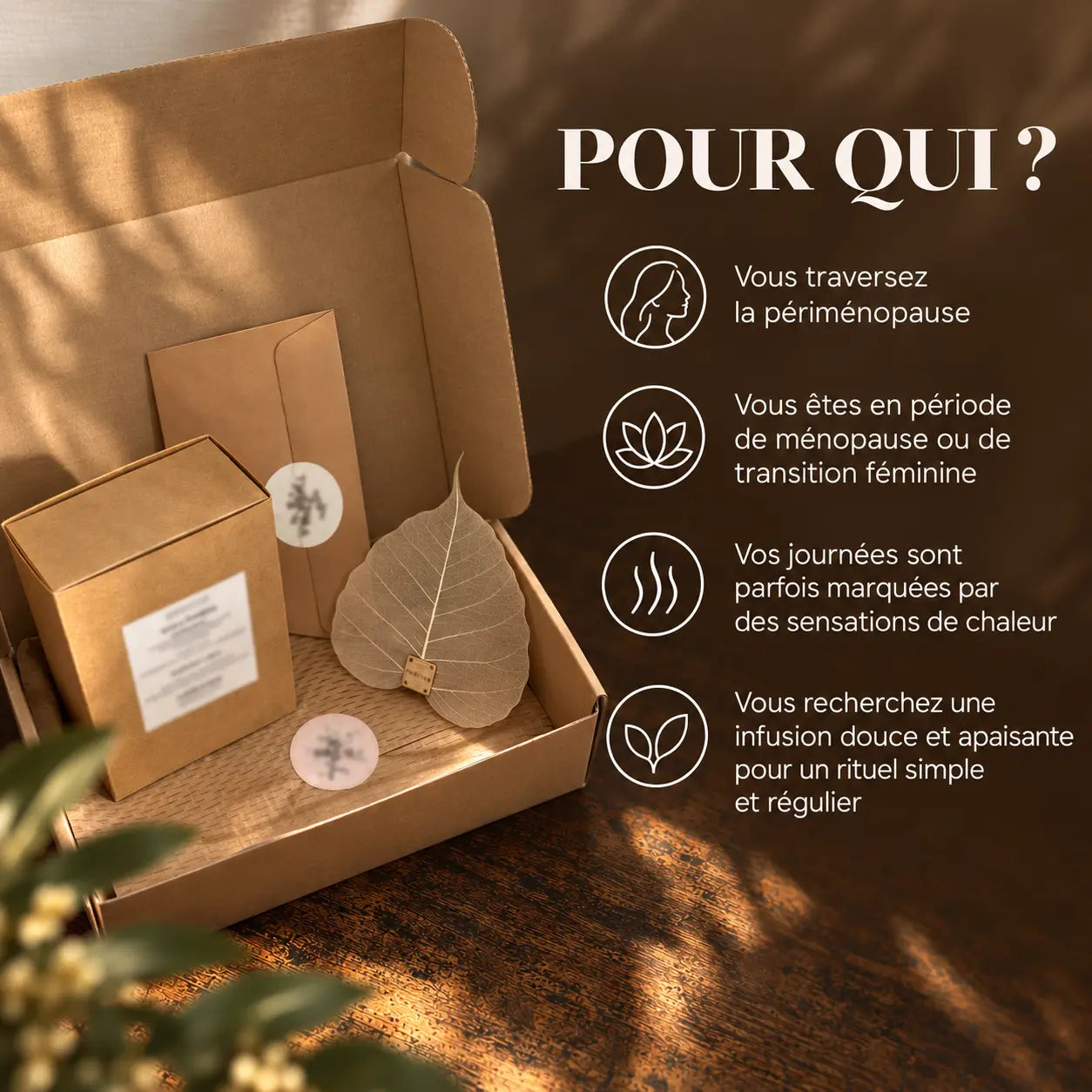 Infusion Thécha destinée aux femmes en périménopause, ménopause ou période de transition féminine, présentée avec son emballage.