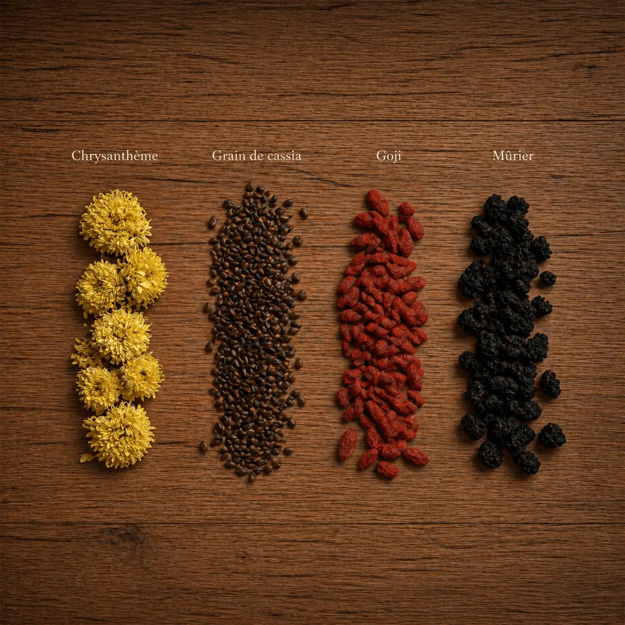 Quatre ingrédients de l'infusion yeux N°7 THÉCHA : chrysanthème, grain de cassia, goji et mûrier, disposés sur un fond en bois naturel