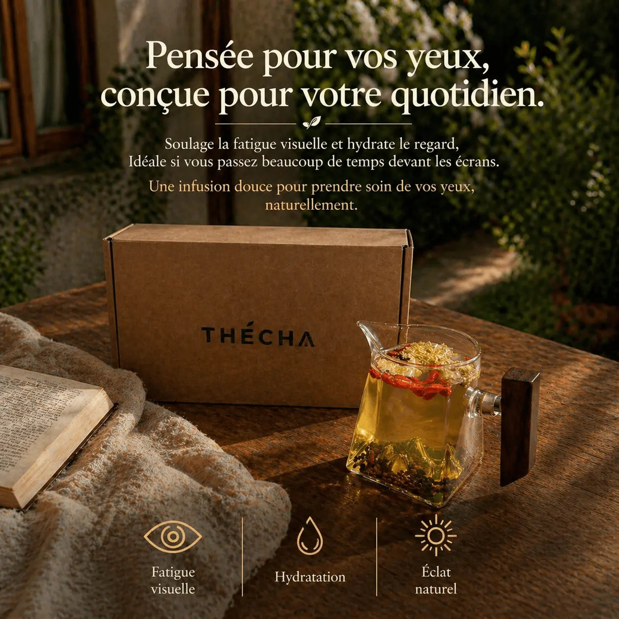 Infusion yeux N°7 THÉCHA dans une théière en verre sur fond chaud et naturel, accompagnée de son packaging kraft, pour soulager la fatigue visuelle et hydrater le regard au quotidien