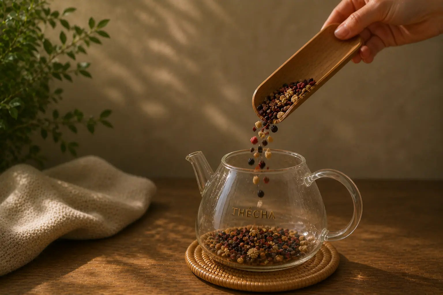 Main versant des ingrédients naturels avec une cuillère en bois dans une théière en verre THÉCHA, sur fond chaud et naturel
