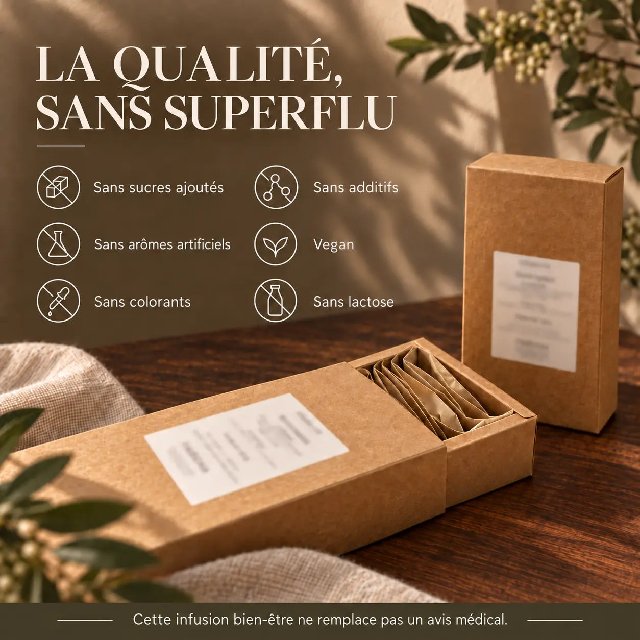 
Infusion Transition féminine N°8 Thécha sans sucres ajoutés, additifs, arômes artificiels ni colorants, vegan et sans lactose.
