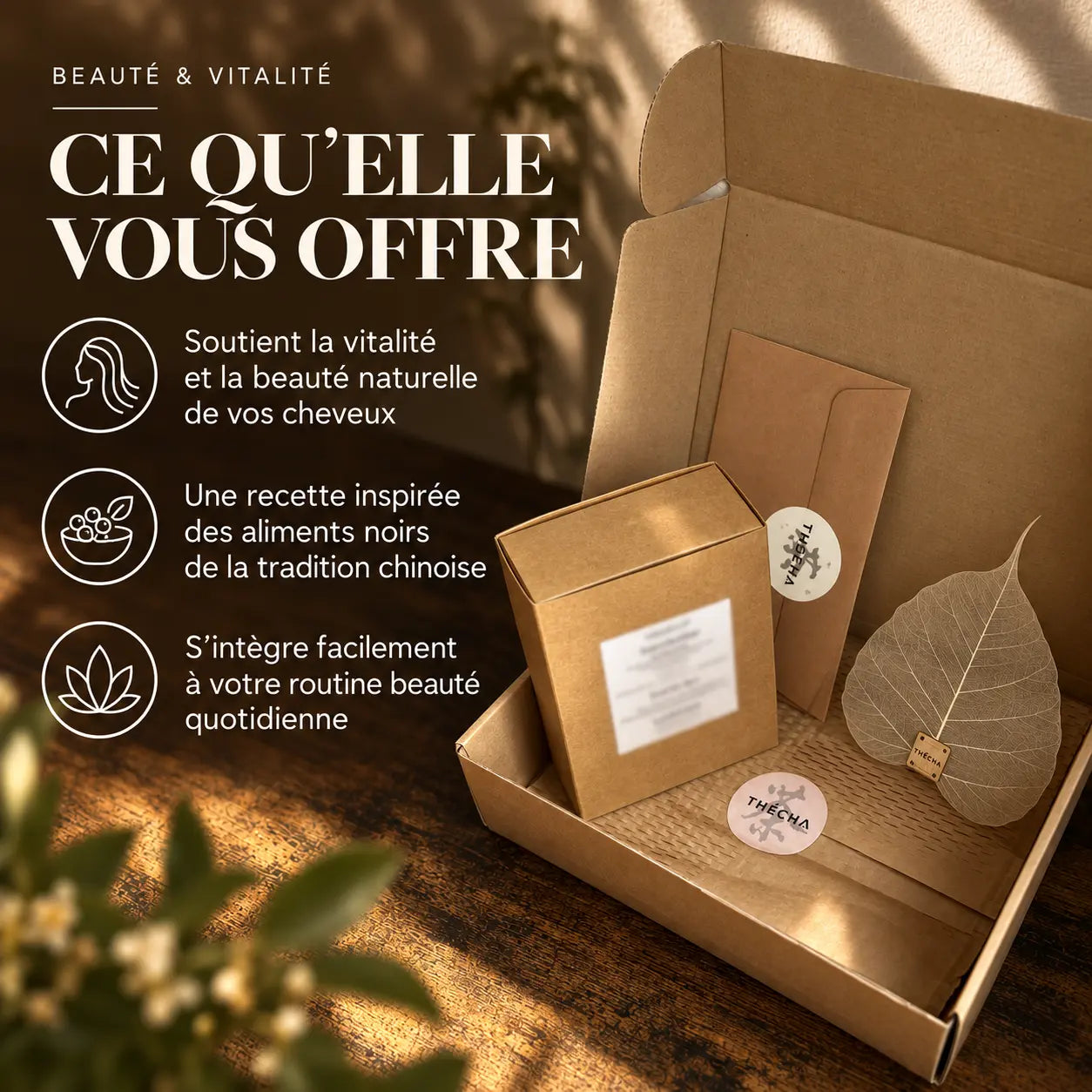 Présentation du rituel bien-être proposé par l’infusion Cheveux Vitalité N°12 Thécha.