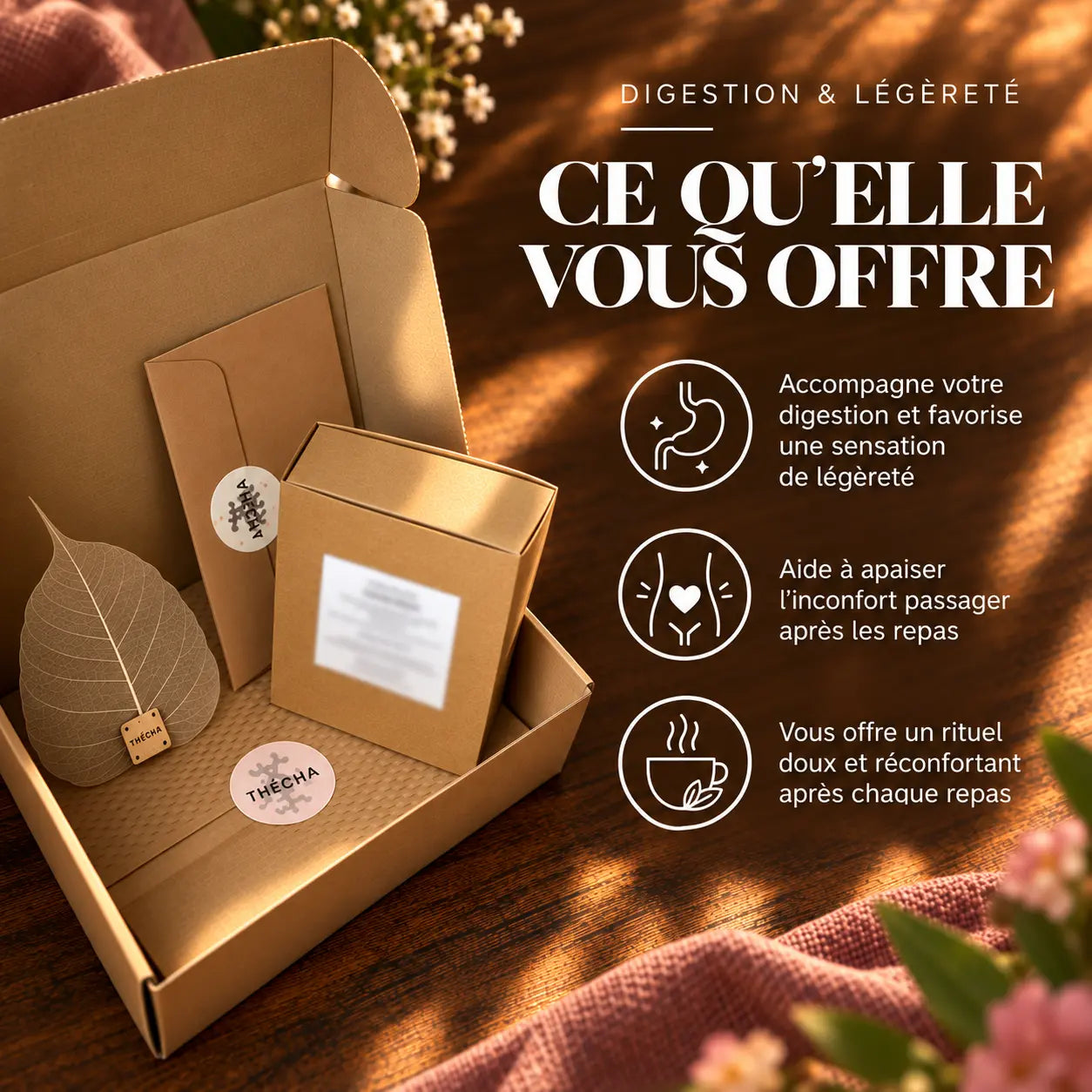 
Présentation du rituel bien-être proposé par l’infusion Drainage Légèreté N°9 Thécha.